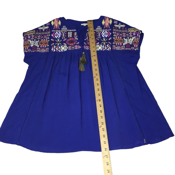 JODIFL Blue Embroidered Multicolor Lightweight Rayon Oversize Top Women’s Small - Picture 3 of 11